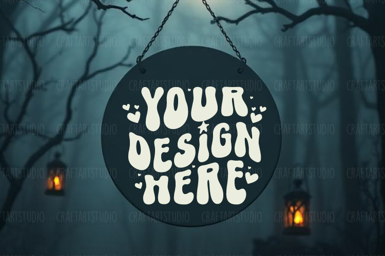 Halloween Round Sign Mockup Rustic Wood Wall Display