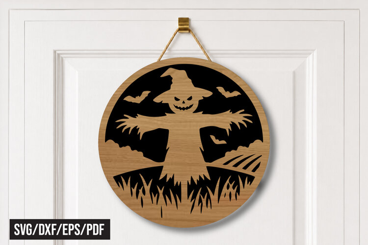 Halloween Scarecrow Round Door Hanger Laser Cut SVG example image 1