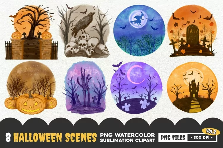 Halloween Scenes PNG Watercolor, Horror Scene PNG Clipart