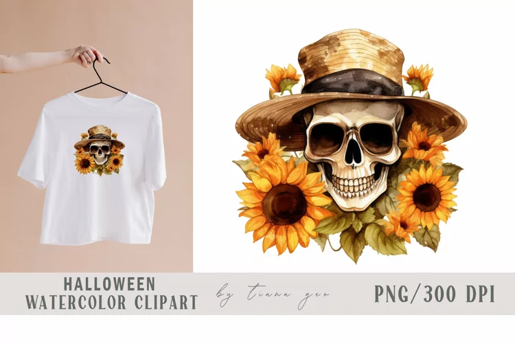 Sunflower fall skull with flower bouquet clipart- 1 png file