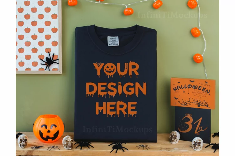 Halloween shirt mockup Comfort Colors Black tee flat lay