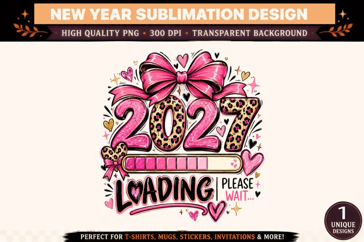 2027 Loading PNG, Pink Glitter Leopard Print New Year Sublim example image 1