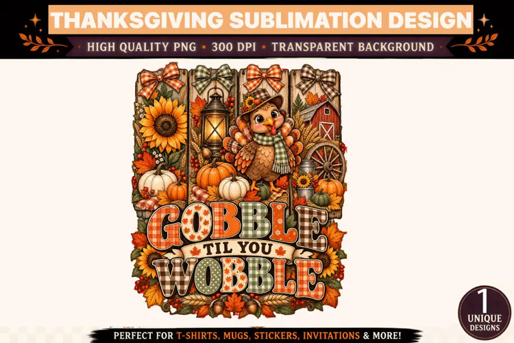 Gobble Til You Wobble PNG, Cute Thanksgiving Turkey Sublimat
