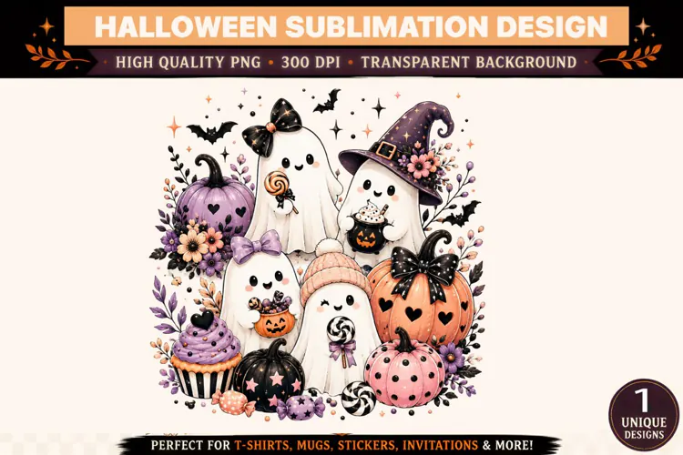 Cute Halloween Ghost PNG, Pastel Pumpkin Candy Spooky Sublim