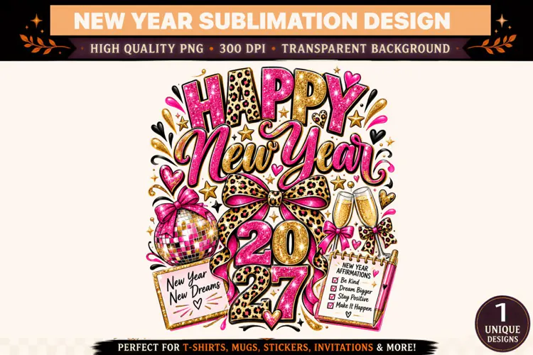Happy New Year 2027 PNG, Pink Leopard Print Coquette Bow Sub