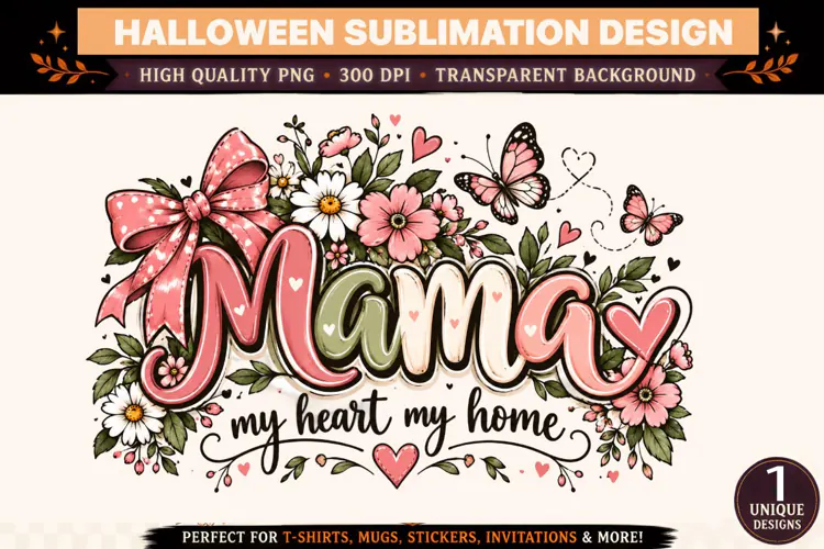 Mama PNG, My Heart My Home Floral Mama Sublimation Design, P