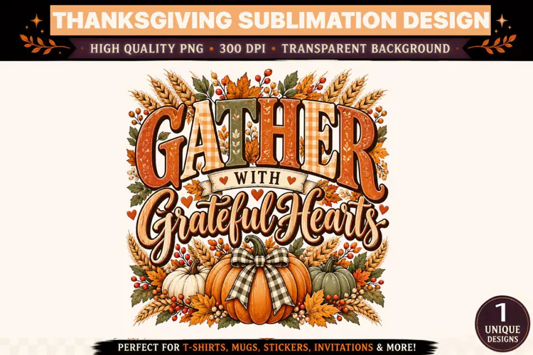 Gather With Grateful Hearts PNG, Autumn Pumpkin Sublimation