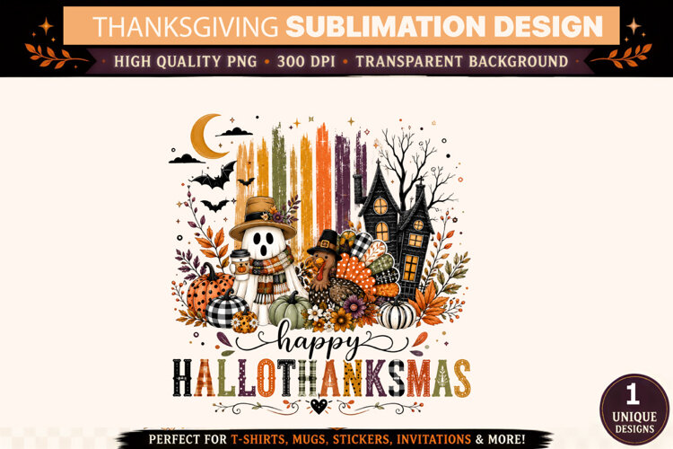 Happy Hallothanksmas PNG, Halloween Thanksgiving Sublimation example image 1
