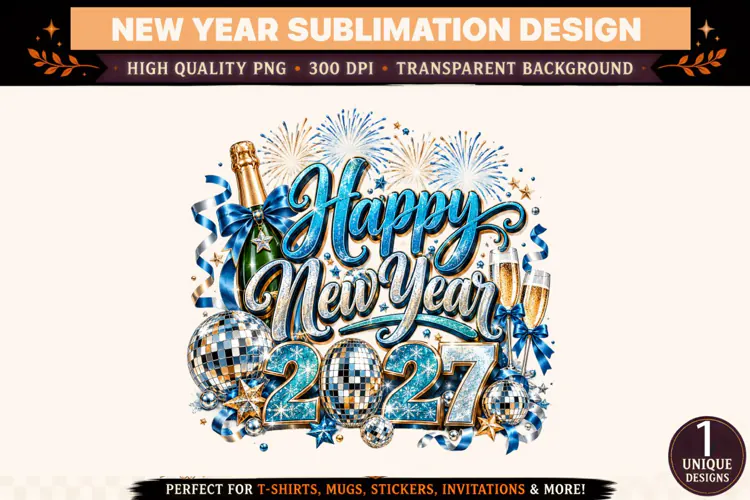 Happy New Year 2027 PNG, Blue Silver Sublimation Design, Dis