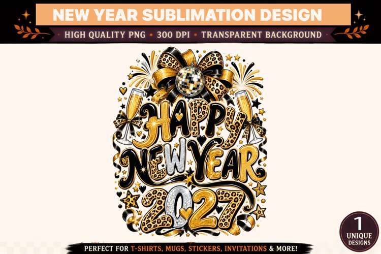 Happy New Year 2027 PNG, Black Gold Leopard Print Sublimatio example image 1