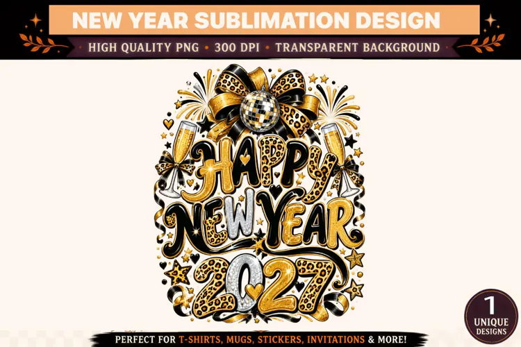 Happy New Year 2027 PNG, Black Gold Leopard Print Sublimatio