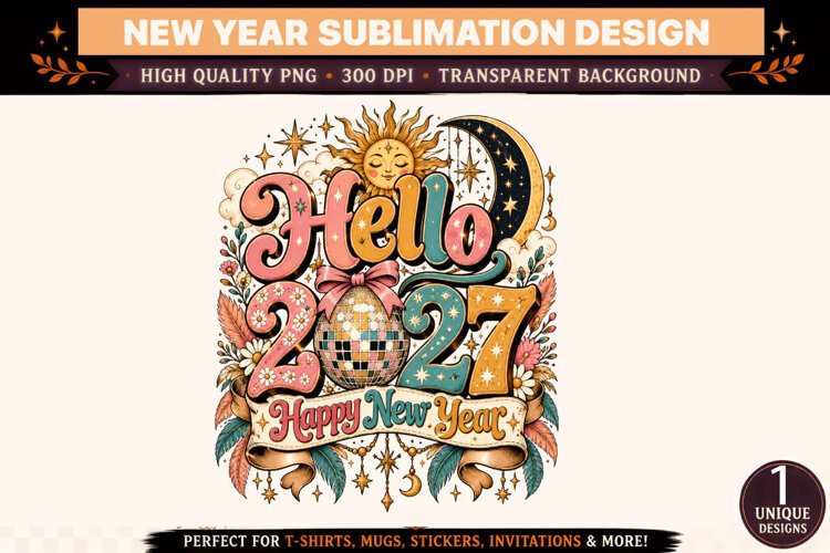 Hello 2027 PNG, Pink Teal Gold Celestial New Year Sublimatio example image 1