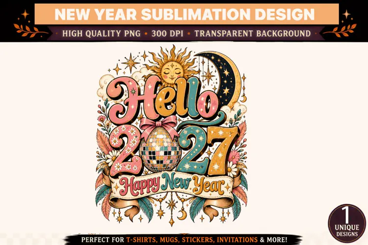 Hello 2027 PNG, Pink Teal Gold Celestial New Year Sublimatio