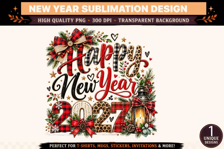 Happy New Year 2027 PNG, Rustic Plaid Sublimation Design, Le