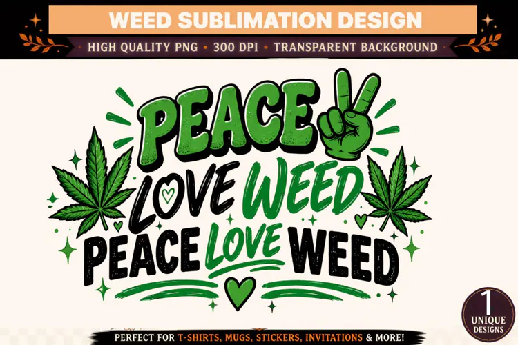 Peace Love Weed PNG, Green Cannabis Sublimation Design, Weed