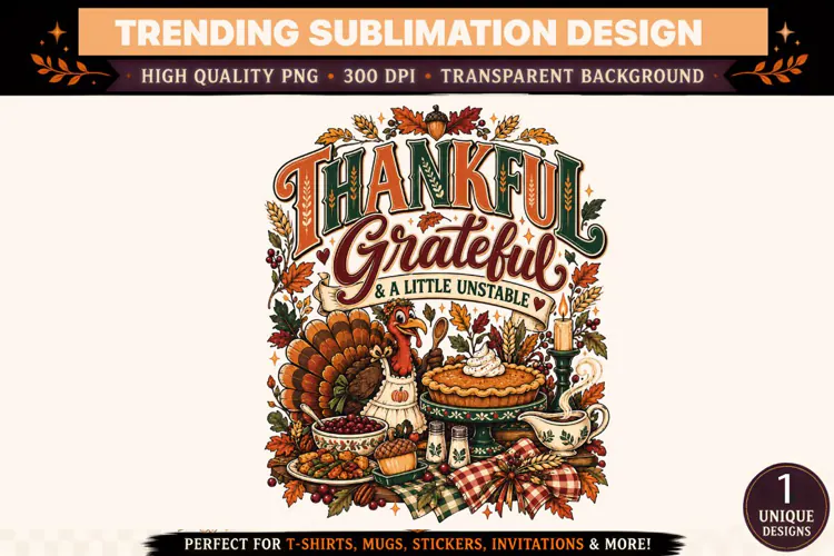 Thankful Grateful & a Little Unstable PNG, Funny Thanksgivin