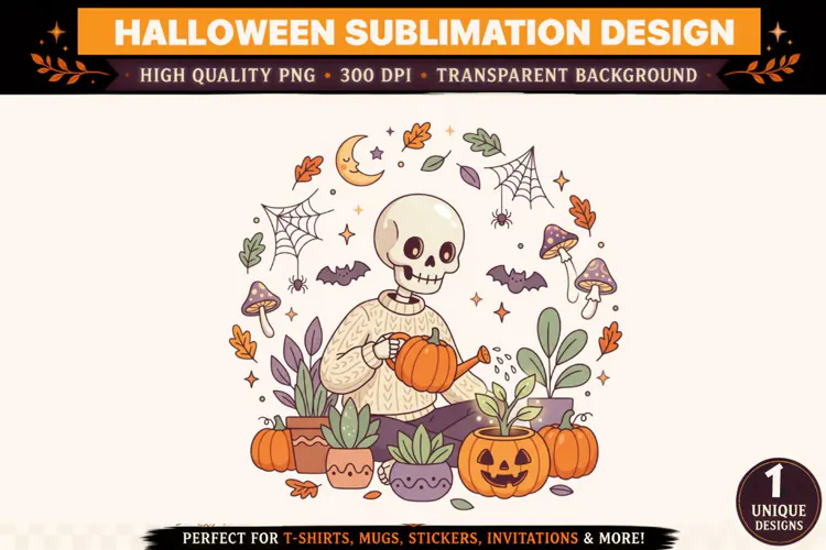 Halloween Skeleton PNG, Cute Skeleton Gardening with Pumpkin
