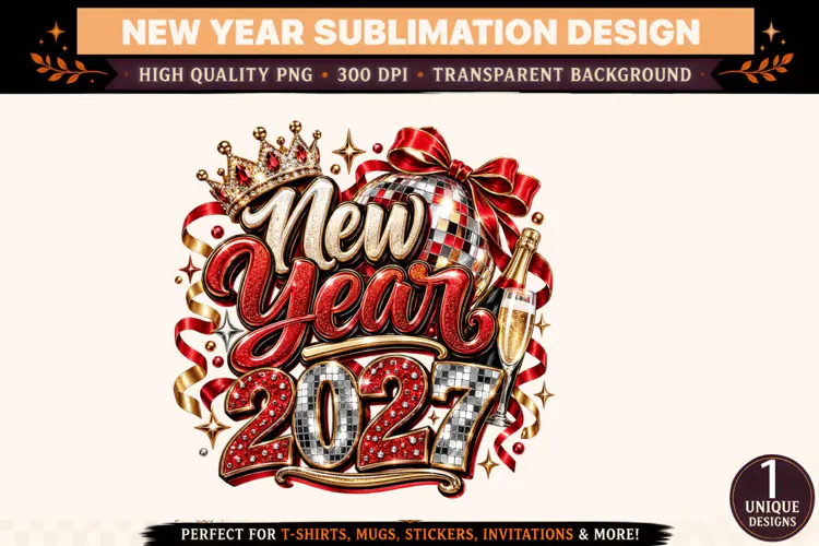 New Year 2027 PNG, Red Gold Glitter Sublimation