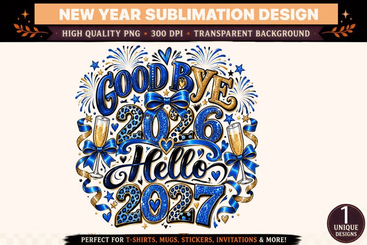 Goodbye 2026 Hello 2027 PNG, Blue Gold New Year Sublimation example image 1