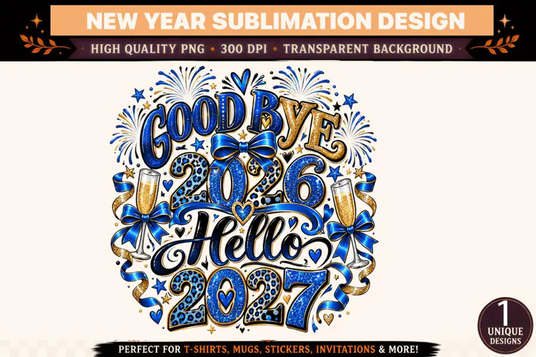Goodbye 2026 Hello 2027 PNG, Blue Gold New Year Sublimation
