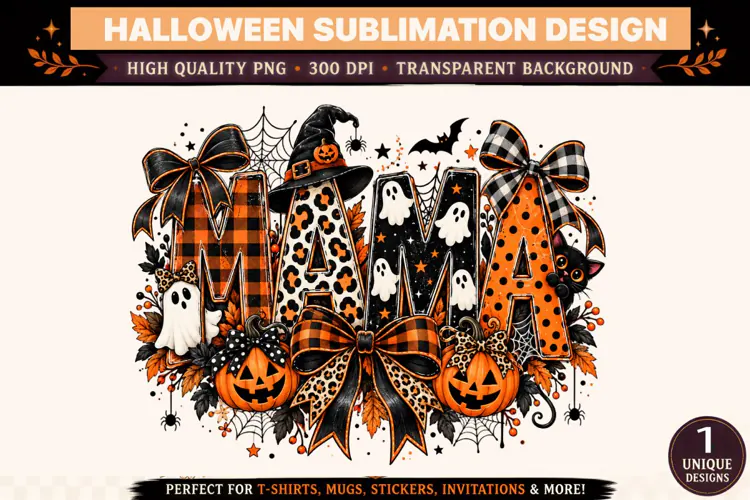 Mama Halloween PNG, Spooky Leopard Buffalo Plaid Bow Sublima