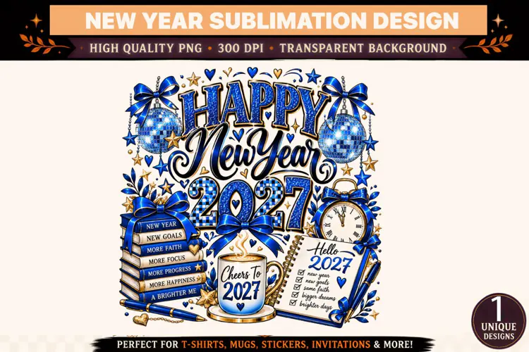 Happy New Year 2027 PNG, Blue Gold Glitter Sublimation Desig