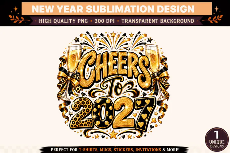 Cheers to 2027 PNG, Black Gold Champagne New Year Sublimatio
