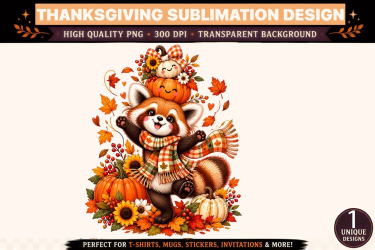 Cute Red Panda PNG, Thanksgiving Sublimation Design, Autumn example image 1