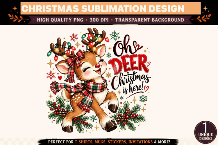 Oh Deer Christmas Is Here PNG, Cute Reindeer Christmas Subli