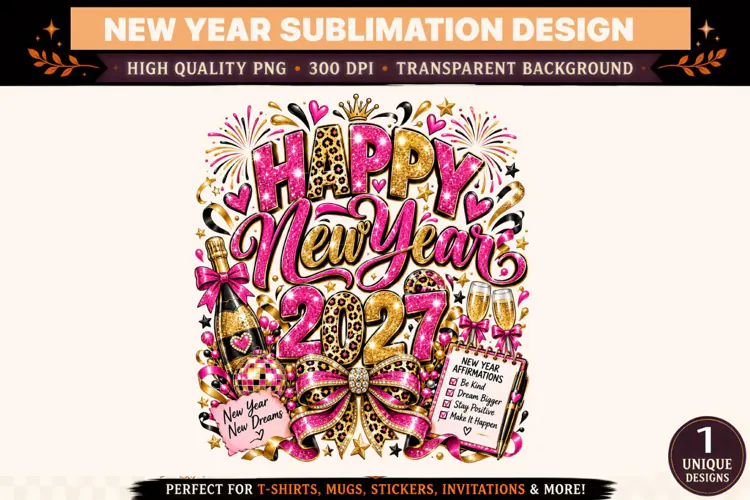 Happy New Year 2027 PNG, Pink Gold Leopard Print Sublimation