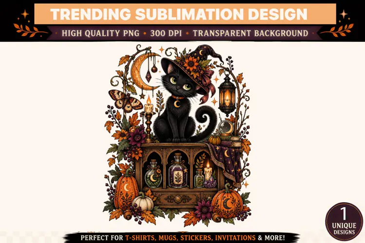 Secondary keywords: Witch Cat PNG, Halloween Cat Sublimation