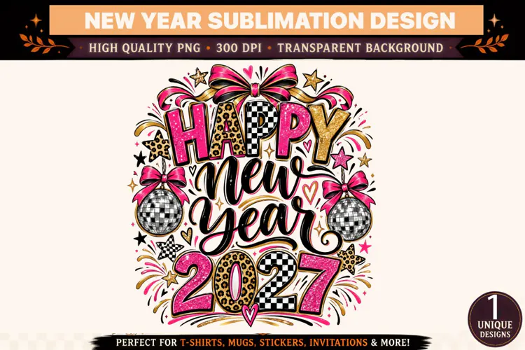 Happy New Year 2027 PNG, Pink Black Gold Disco Ball Sublimat