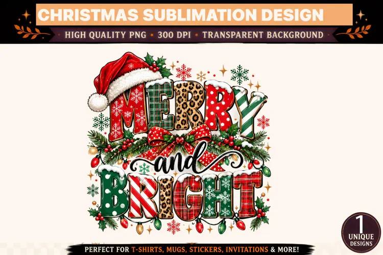 Merry and Bright Christmas Sublimation PNG
