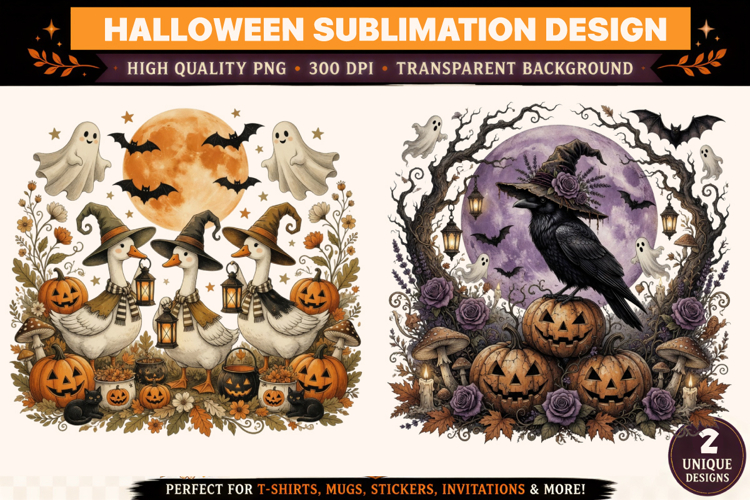 Witch Goose & Gothic Raven PNG | Ghost Pumpkin Halloween