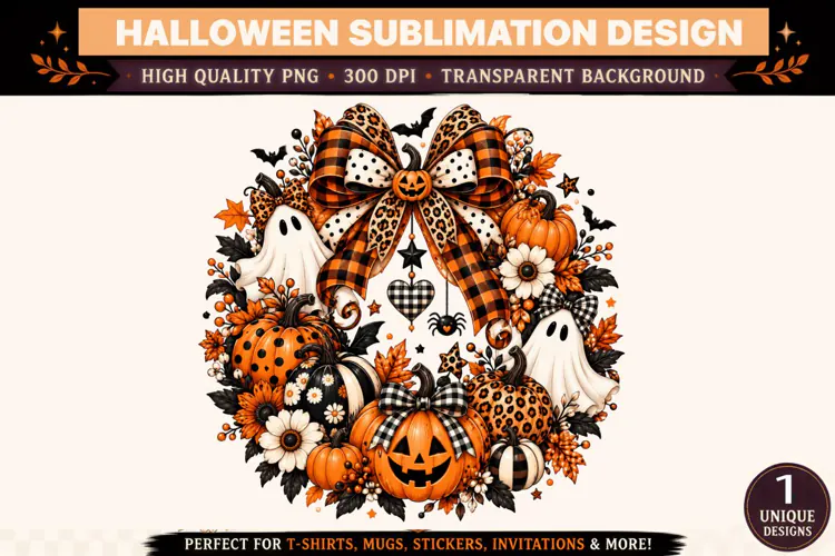 Halloween Pumpkin Bow PNG, Leopard Buffalo Plaid Ghost Subli