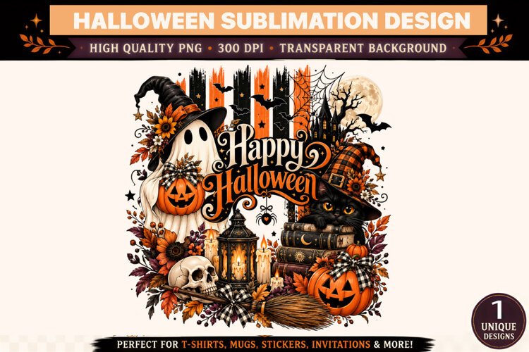 Happy Halloween PNG, Ghost Black Cat Witch Pumpkin Sublimati example image 1