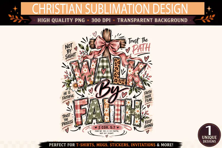 Walk By Faith PNG, Christian Sublimation Design, Floral Leop