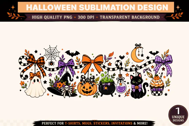 Halloween Garland PNG, Ghost Witch Hat Pumpkin Black Cat Bow