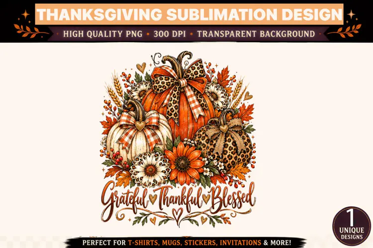 Grateful Thankful Blessed PNG, Thanksgiving Pumpkin Sublimat