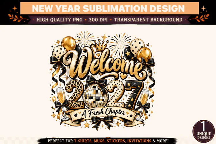 Welcome 2027 PNG, Black Gold New Year Sublimation Design, A