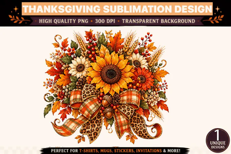 Thanksgiving Sunflower PNG, Leopard Print Plaid Bow Sublimat