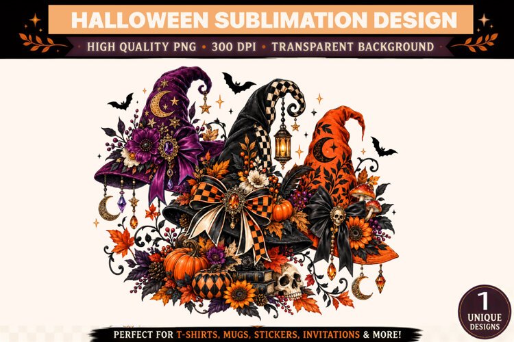 Halloween Witch Hat PNG, Gothic Purple Orange Witch Hats Flo example image 1