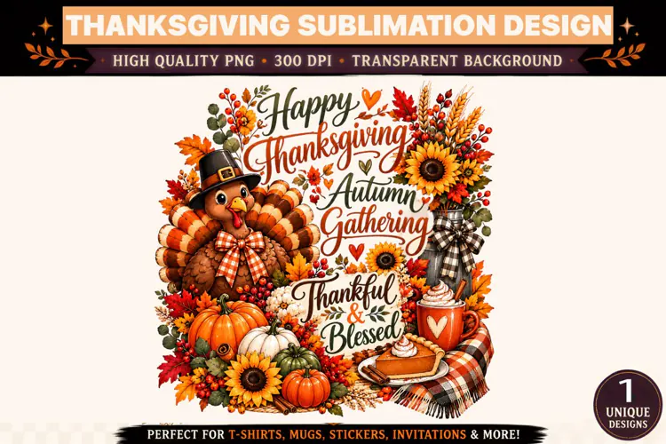 Happy Thanksgiving PNG, Thankful and Blessed Autumn Turkey S
