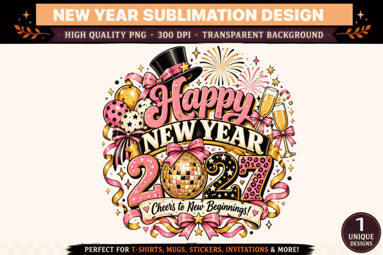 Happy New Year 2027 PNG, Pink Black Gold Sublimation Design,
