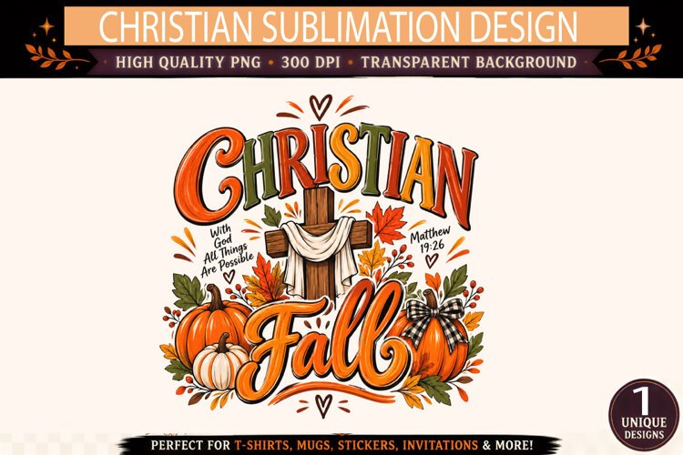 Christian Fall PNG, Christian Pumpkin Cross Sublimation Desi example image 1