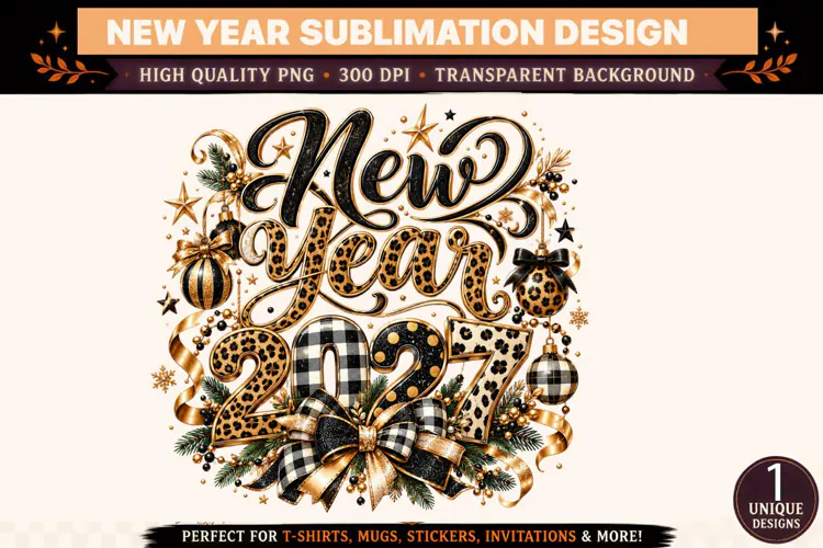 2027 New Year PNG, Leopard Print Black Gold Sublimation Desi