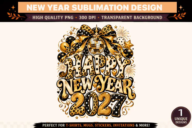 Happy New Year 2027 PNG, Black Gold Leopard Print Disco Ball