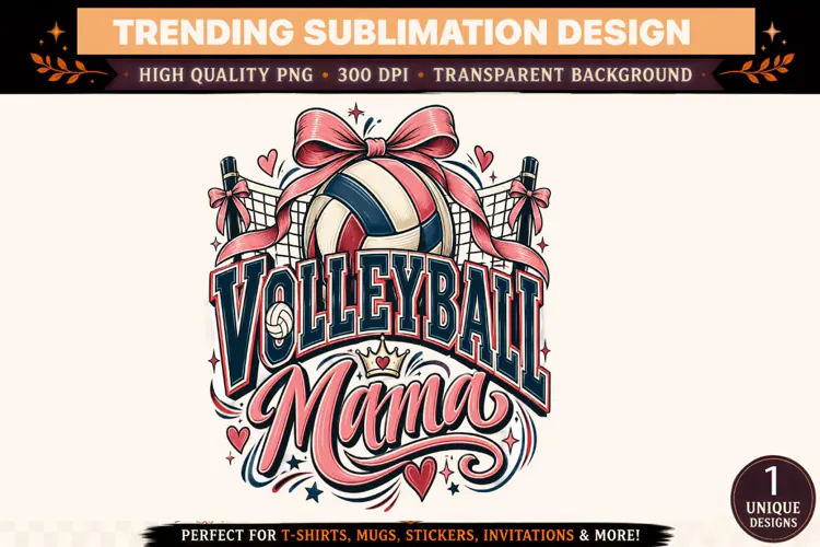 Volleyball Mama PNG, Pink Bow Volleyball Mom Sublimation Des