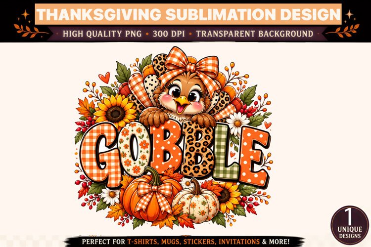 Cute Gobble Turkey PNG, Thanksgiving Sublimation Design, Fal example image 1