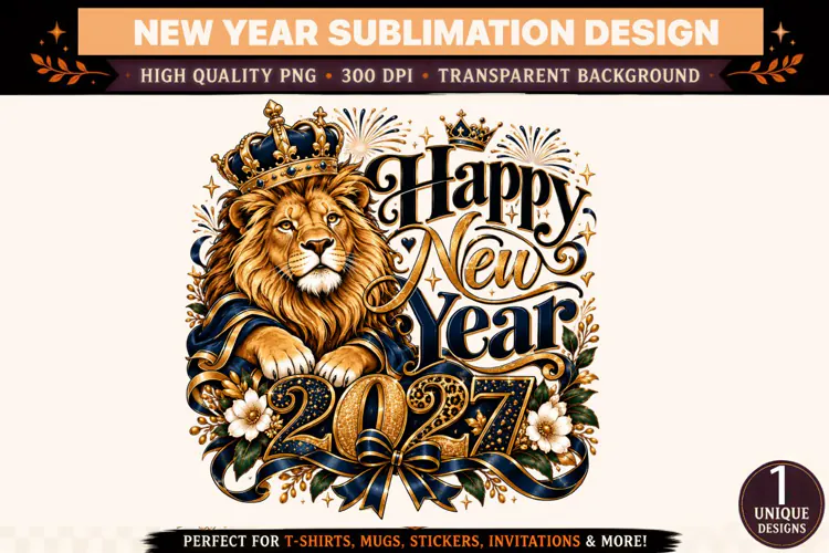 Happy New Year 2027 Lion PNG, Royal Blue Gold Crown Sublimat